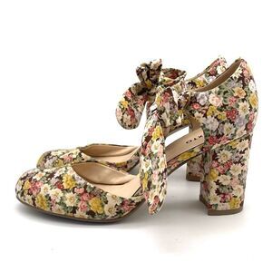 Texto Floral Ankle Bow Tie Retro Block Heel Cottagecore Pumps Size 40 US 9.5